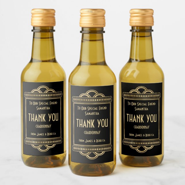 Art Deco Names Recipient Thankyou Favour Black Gol Wine Label (Bottles)