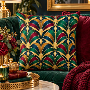 Art Deco Navy, Burgundy, Gold, Green Geometric Cushion