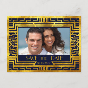 Art Deco Navy Gold Geometric Modern Save the Date Announcement Postcard
