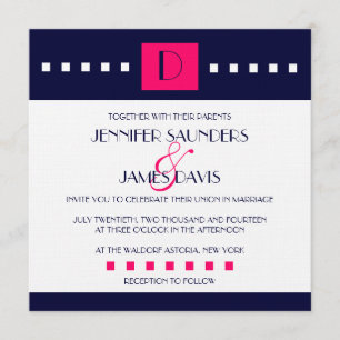 Art Deco Navy Pink Monogram D Wedding Invitations