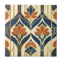 Art Deco Navy Terracotta & Gold Lotus