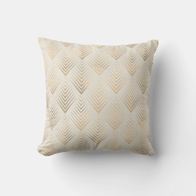 Art Deco Net Ivory Beige Creamy Sepia Gold Linear Cushion (Front)