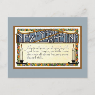 Art Deco New Year Greeting verse blue Holiday Postcard