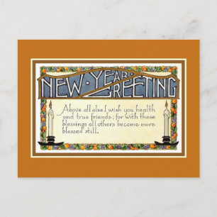 Art Deco New Year Greeting verse golden brown Holiday Postcard