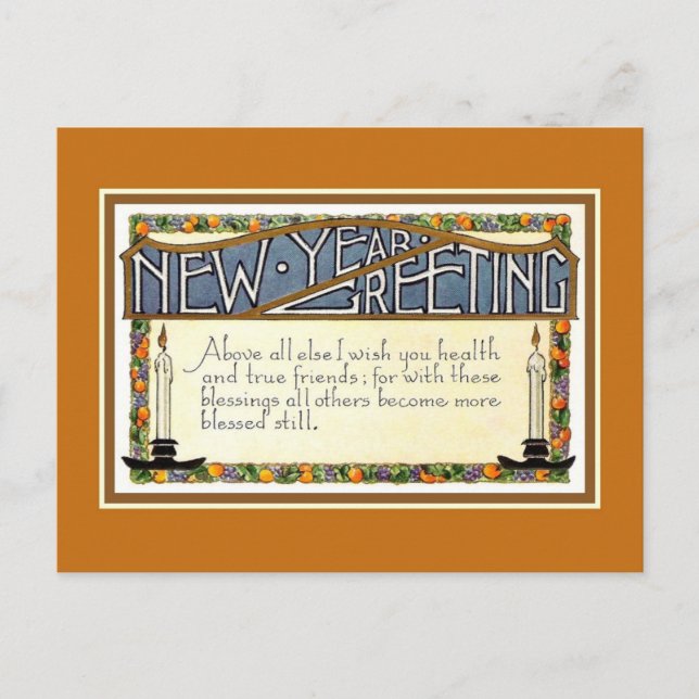 Art Deco New Year Greeting verse golden brown Holiday Postcard (Front)