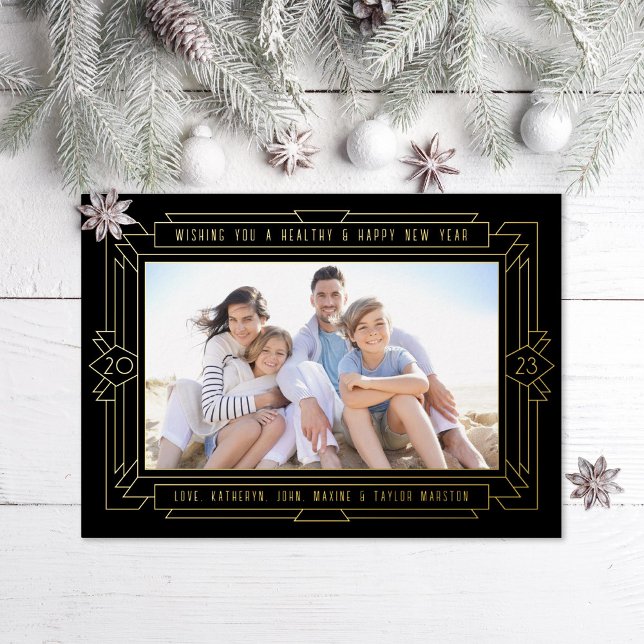 Art Deco New Year Photo Black and Gold Foil Holiday Card (Creator Uploaded)