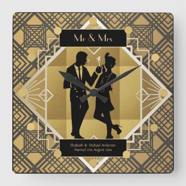 Art Deco Newlyweds 1920s Couple Black Gold Custom Square Wall Clock (Front)