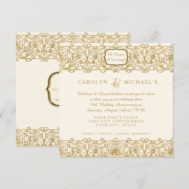 Art Deco Nouveau 50th Golden Anniversary Cream Invitation (Front/Back)