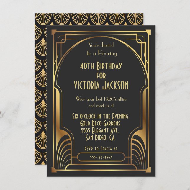 Art Deco Nouveau Birthday Party Gold & Black Invitation (Front/Back)
