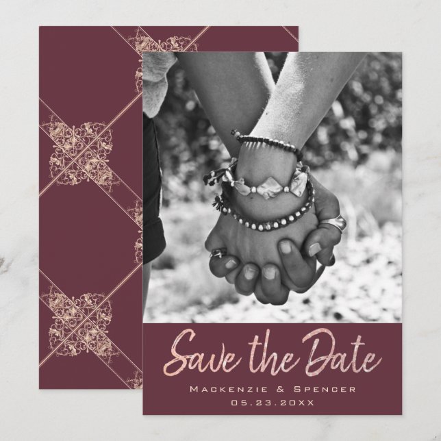 Art Deco Nouveau | Burgundy Rose Gold Blush Photo Save The Date (Front/Back)