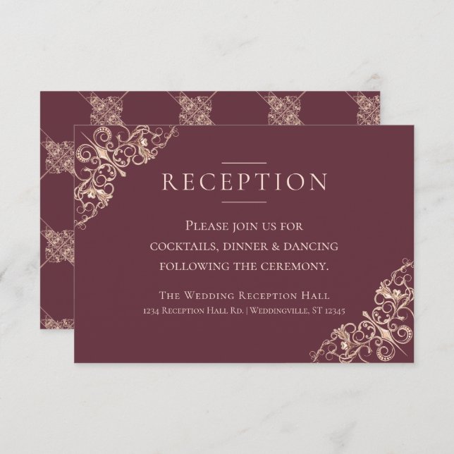 Art Deco Nouveau | Burgundy Rose Gold Reception Invitation (Front/Back)