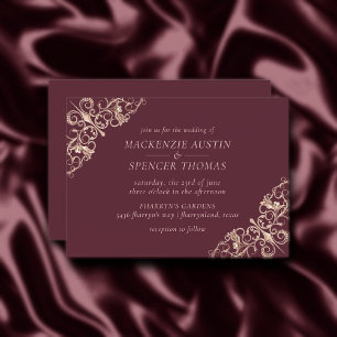 Art Deco Nouveau   Burgundy Rose Gold Wedding Invitation