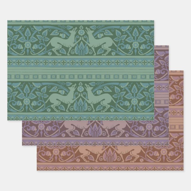 Art Deco Nouveau Dog Nature Animal Pattern Wrapping Paper Sheet (Set)