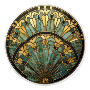  Art Deco Nouveau Elegant Turquoise Gold  Black  Ceramic Knob
