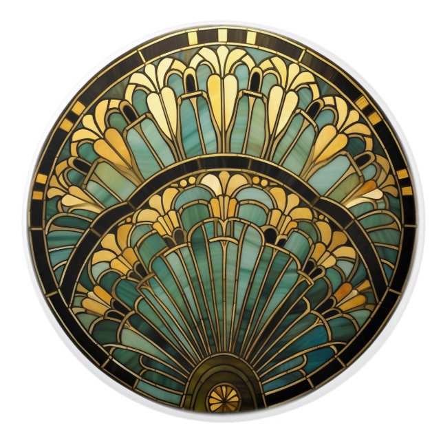 Art Deco Nouveau Elegant Turquoise Gold  Black  Ceramic Knob (Front)