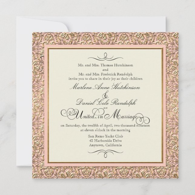 Art Deco Nouveau Faux Gold Floral Damask Lace Invitation (Front)