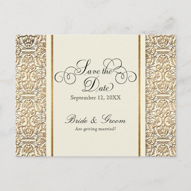 Art Deco Nouveau Faux Gold Floral Damask Lace Invitation Postcard (Front)