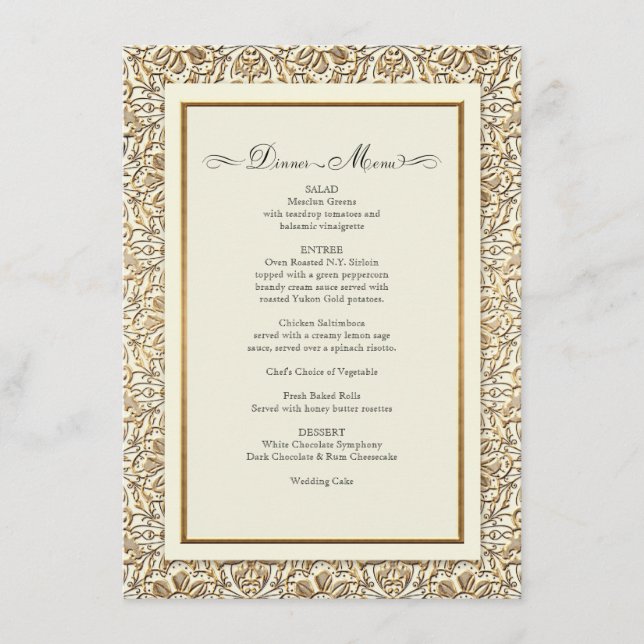 Art Deco Nouveau Faux Gold Floral Damask Lace Menu (Front)