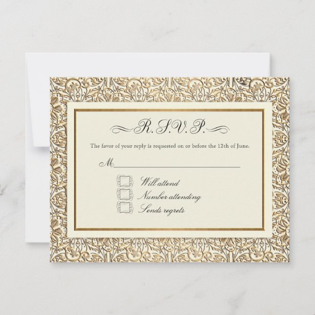 Art Deco Nouveau Faux Gold Floral Damask Lace RSVP Card (Front)