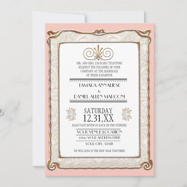 Art Deco Nouveau Gatsby Pink Gold Elegant Wedding Invitation (Front)