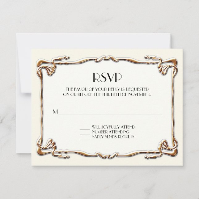 Art Deco Nouveau Gatsby Style Gold n Lace Look RSVP Card (Front)