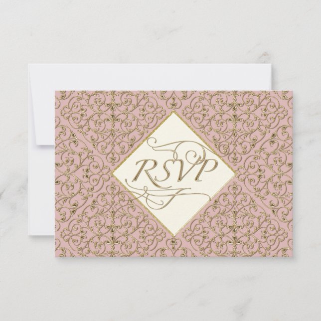 Art Deco Nouveau Lace Damask Golden Calligraphy RSVP Card (Front)