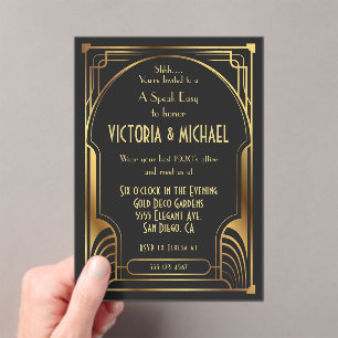 Art Deco Nouveau Speak Easy Party Gold & Black Acrylic Invitations