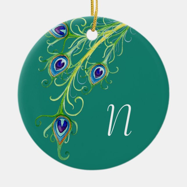 Art Deco Nouveau Style Peacock Feathers Swirl Ceramic Tree Decoration (Front)