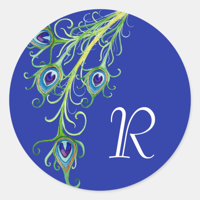 Art Deco Nouveau Style Peacock Feathers Swirl Classic Round Sticker (Front)