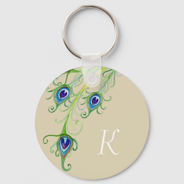 Art Deco Nouveau Style Peacock Feathers Swirl Key Ring (Front)