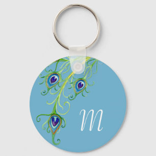 Art Deco Nouveau Style Peacock Feathers Swirl Key Ring