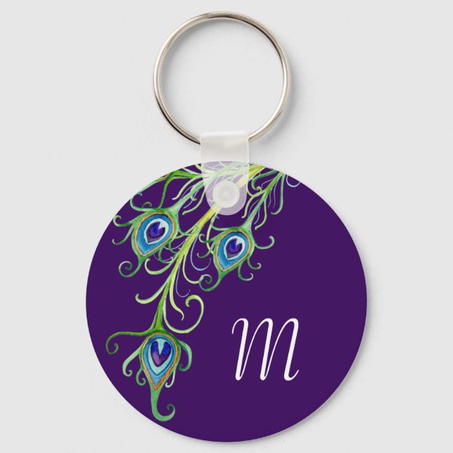 Art Deco Nouveau Style Peacock Feathers Swirl Key Ring (Front)