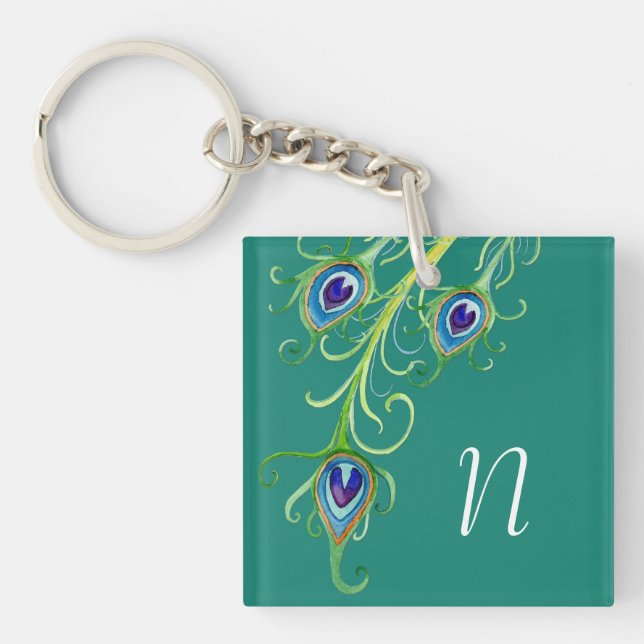 Art Deco Nouveau Style Peacock Feathers Swirl Key Ring (Front)