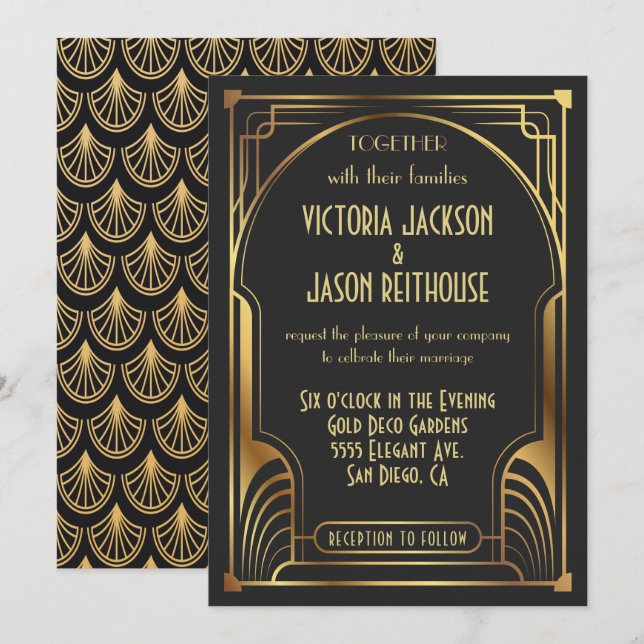 Art Deco Nouveau Wedding Gold & Black Wedding Invitation (Front/Back)