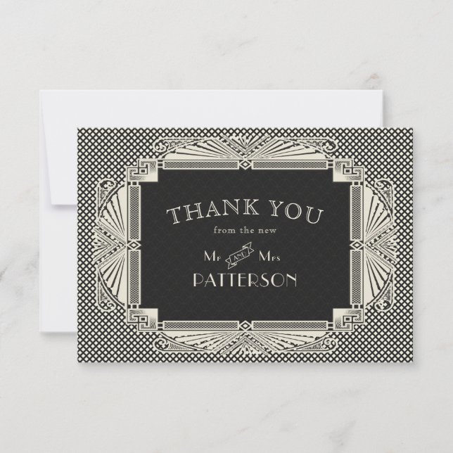 Art Deco Noveau Wedding Black Cream Thank You Card (Front)