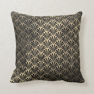 Art Deco Ocean Black Sepia Gold Seashells Scale Cushion