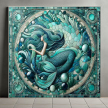 Art Deco Ocean Mermaid Aqua Blue Coral Mosaic Cool