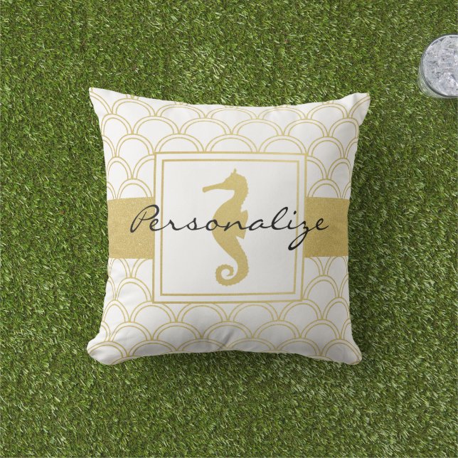 Art Deco Ocean Wave Gold Seahorse Beach House Cushion (Grass)
