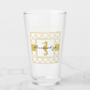 Art Deco Ocean Wave Gold Seahorse Beach House Pint Glass