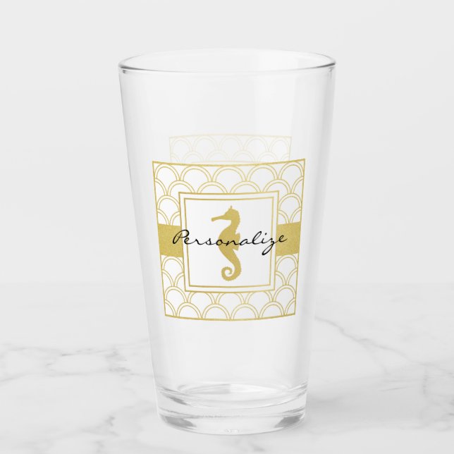 Art Deco Ocean Wave Gold Seahorse Beach House Pint Glass (Front)