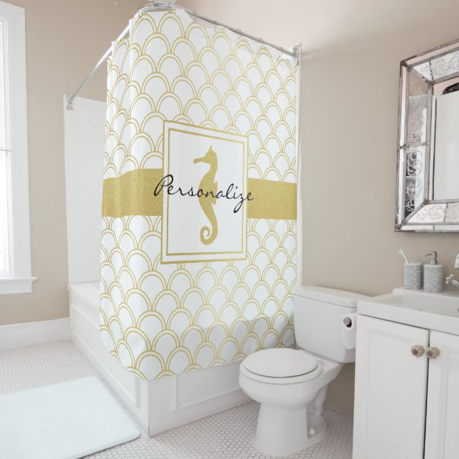 Art Deco Ocean Wave Gold Seahorse Beach House Shower Curtain (In Situ)