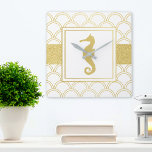 Art Deco Ocean Wave Gold Seahorse Beach House Square Wall Clock<br><div class="desc">This design features a seahorse with a gold effect ocean wave pattern. The Art Deco style coastal image makes a modern and unique wall clock for beach house.</div>