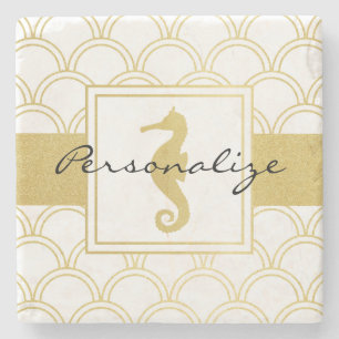 Art Deco Ocean Wave Gold Seahorse Beach House Stone Coaster