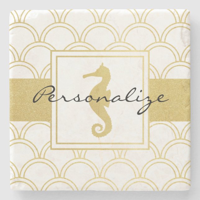 Art Deco Ocean Wave Gold Seahorse Beach House Stone Coaster (Front)