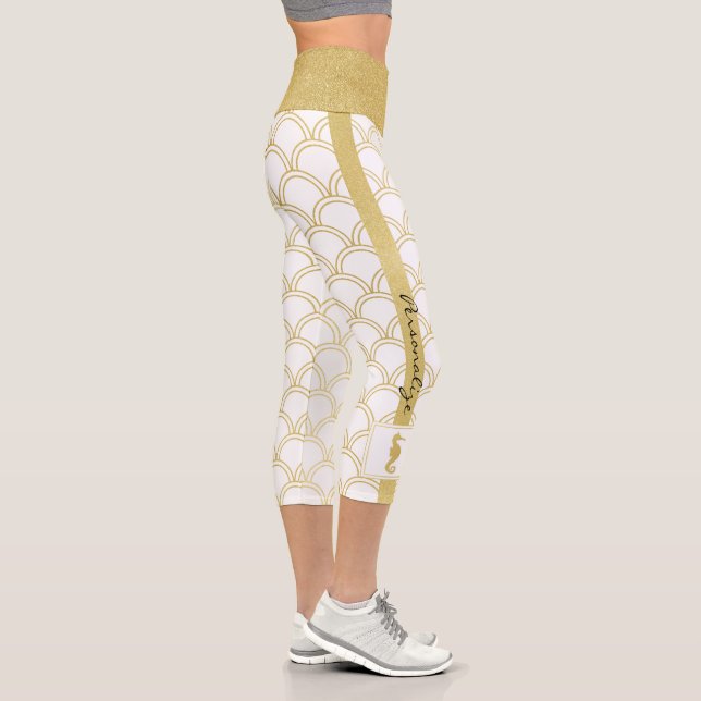 Art Deco Ocean Wave Patten Gold Glitter Seahorse Capri Leggings (Right)