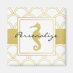 Art Deco Ocean Wave Patten Gold Glitter Seahorse Magnet