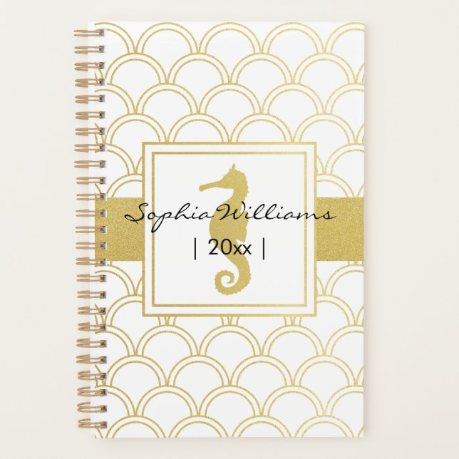 Art Deco Ocean Wave Patten Gold Glitter Seahorse Planner (Front)