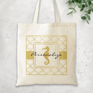 Art Deco Ocean Wave Patten Gold Glitter Seahorse Tote Bag