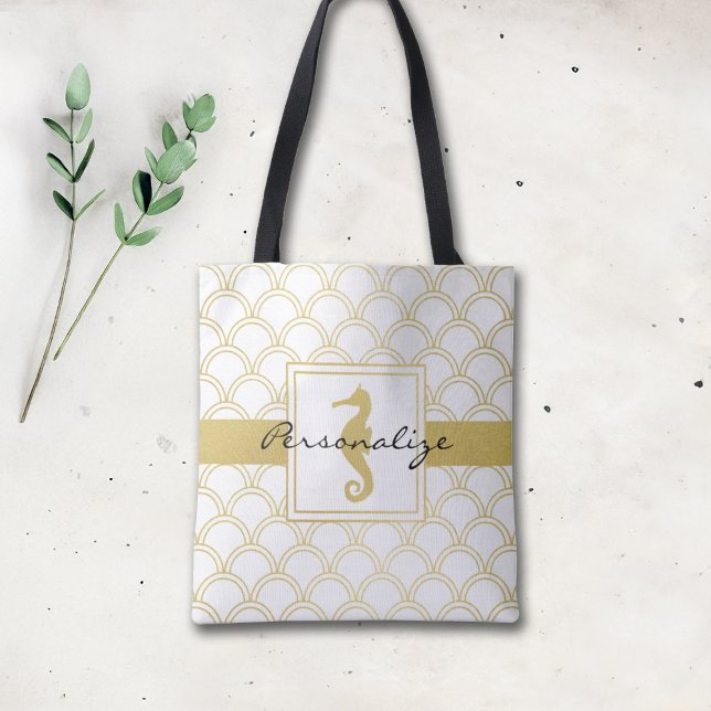 Art Deco Ocean Wave Patten Gold Glitter Seahorse Tote Bag (Creator Uploaded)