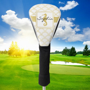 Art Deco Ocean Wave Patten Gold Seahorse Beach Golf Head Cover